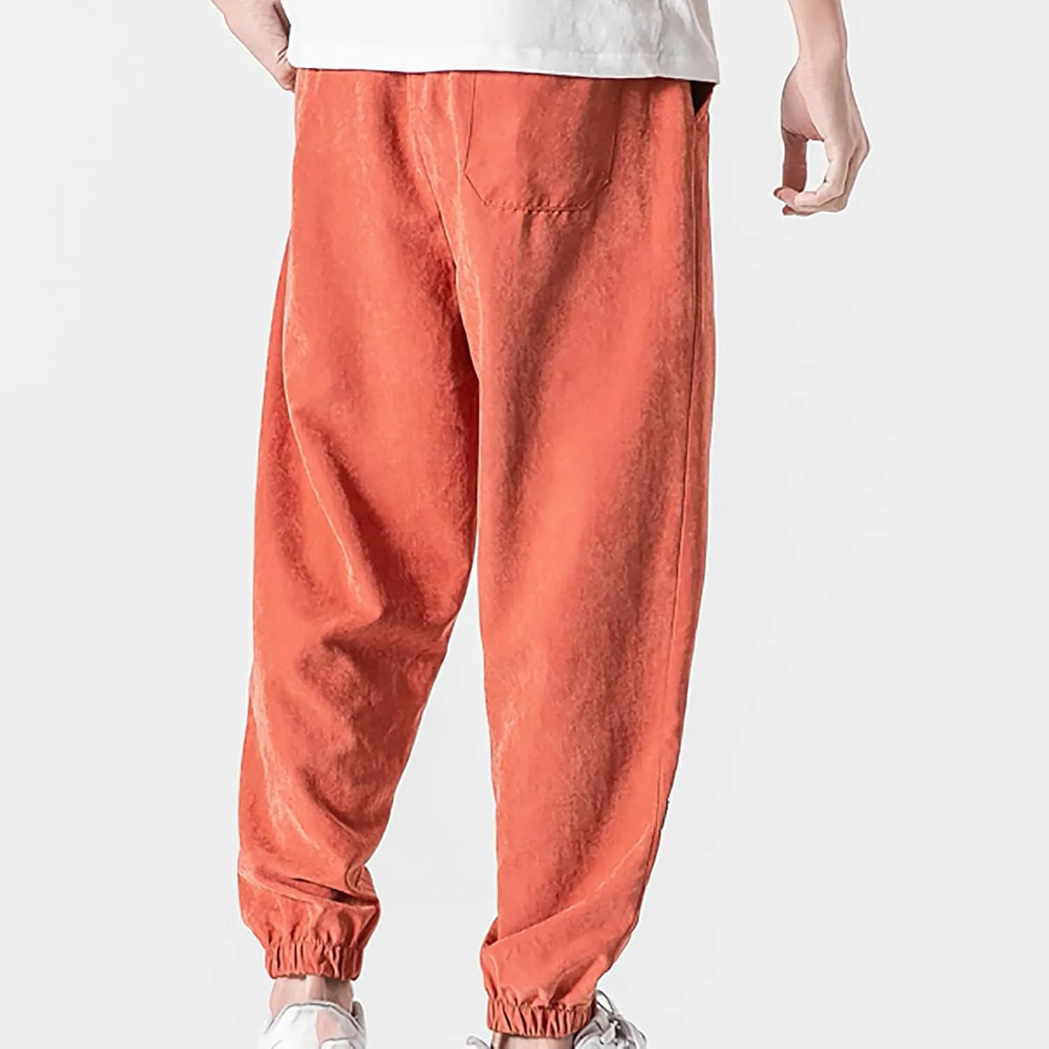 Mens Linen Tapered Pants Drawstring Elastic Waist Lightweight Casual Summer Beach Pants Classic Plain Trousers