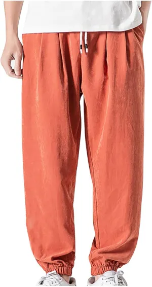 Mens Linen Tapered Pants Drawstring Elastic Waist Lightweight Casual Summer Beach Pants Classic Plain Trousers