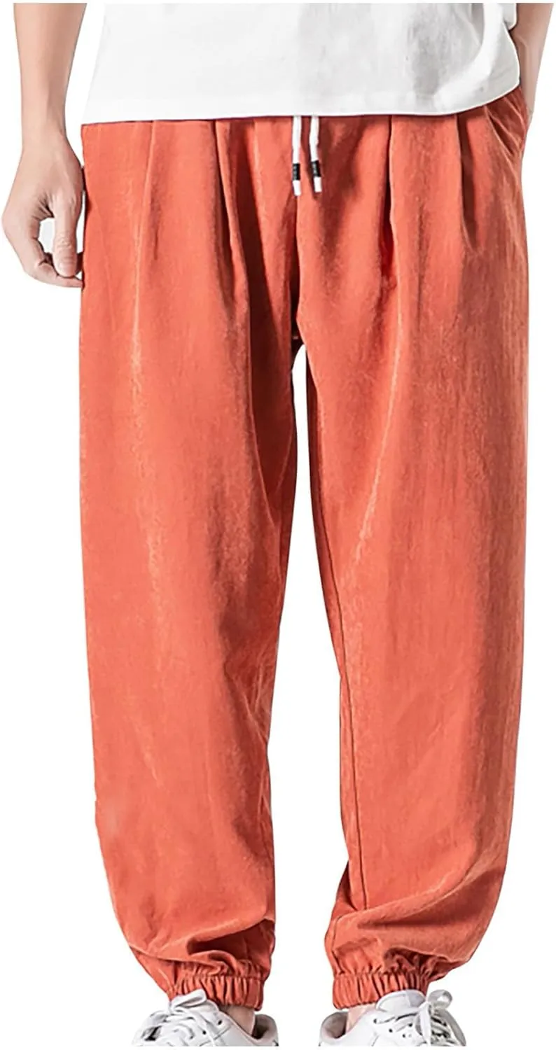 Mens Linen Tapered Pants Drawstring Elastic Waist Lightweight Casual Summer Beach Pants Classic Plain Trousers