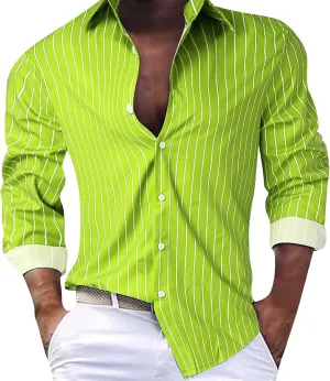 Men's Long Sleeve Button Down Dress Shirts Color Striped Business Casual Work Shirts Untucked Stretch Cuban Shirts