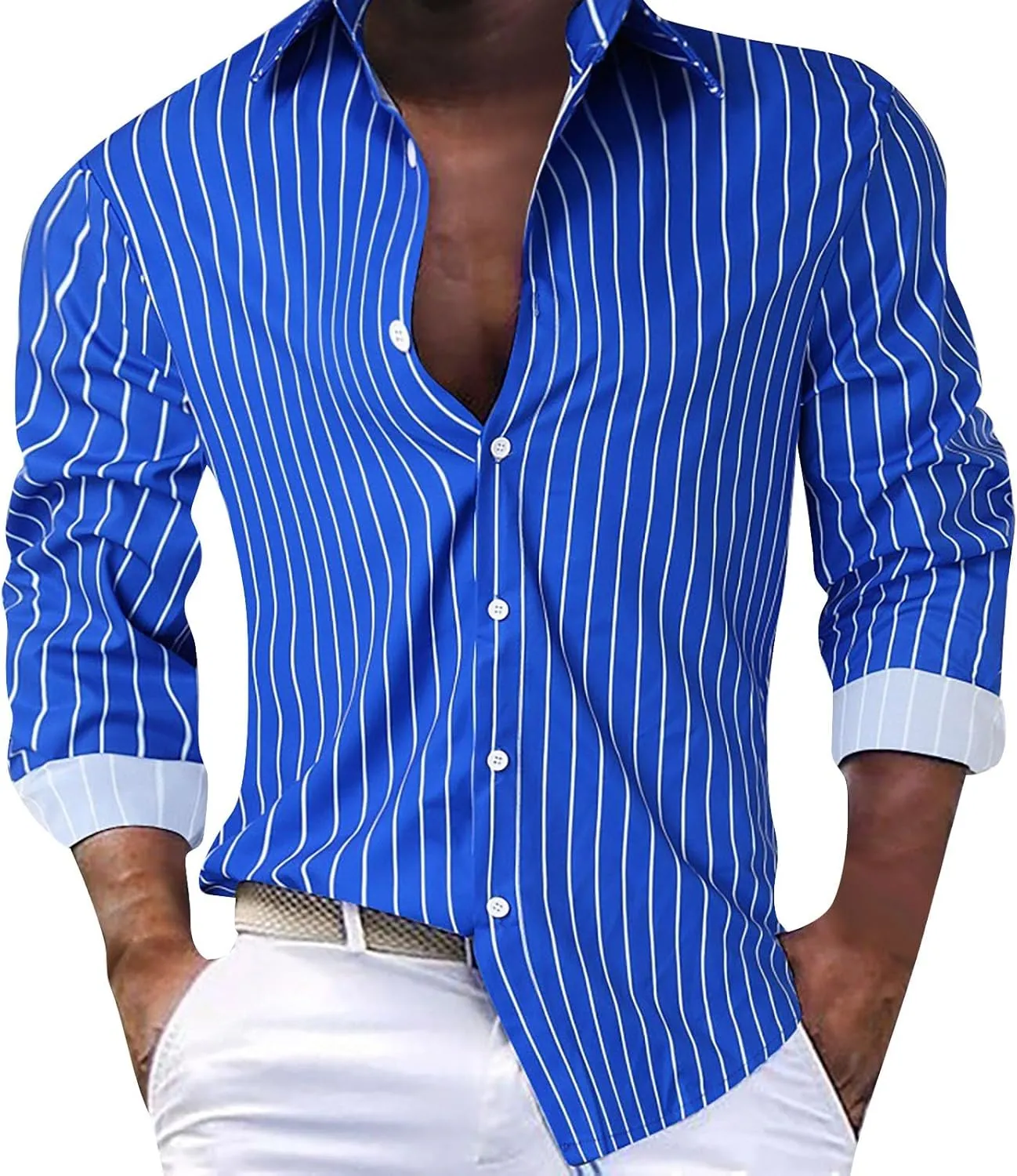 Men's Long Sleeve Button Down Dress Shirts Color Striped Business Casual Work Shirts Untucked Stretch Cuban Shirts
