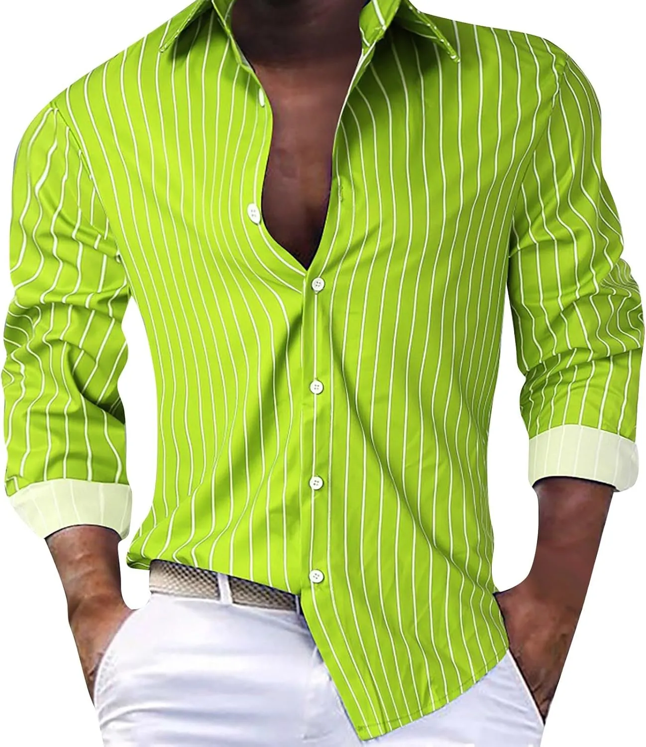Men's Long Sleeve Button Down Dress Shirts Color Striped Business Casual Work Shirts Untucked Stretch Cuban Shirts