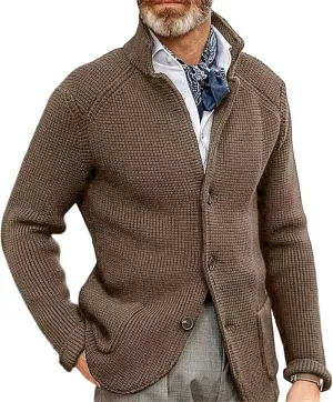 Men's Open Front Stand Collar Sweaters Slim Fit Button Down Cardigan Knitwear with Pockets