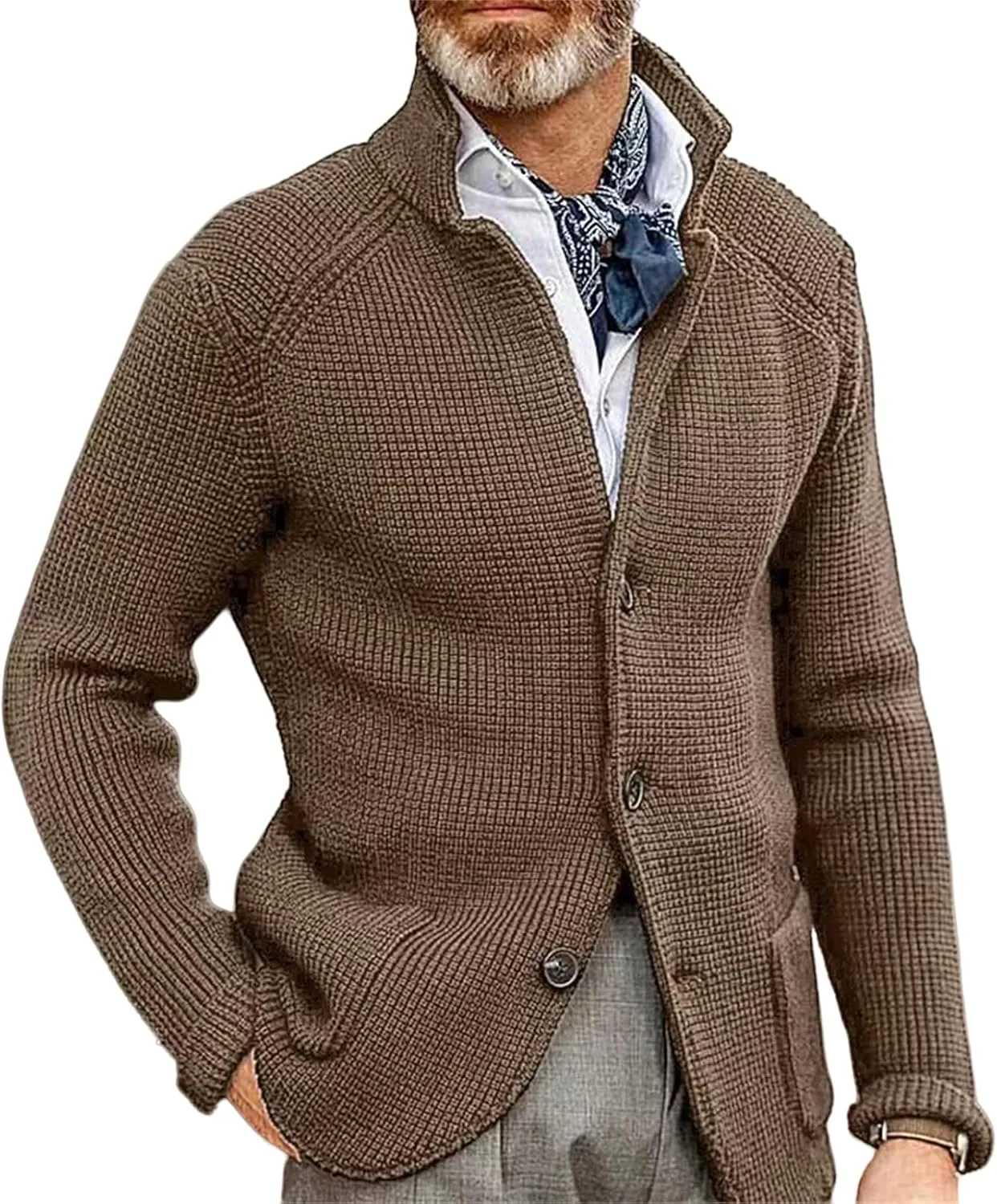 Men's Open Front Stand Collar Sweaters Slim Fit Button Down Cardigan Knitwear with Pockets