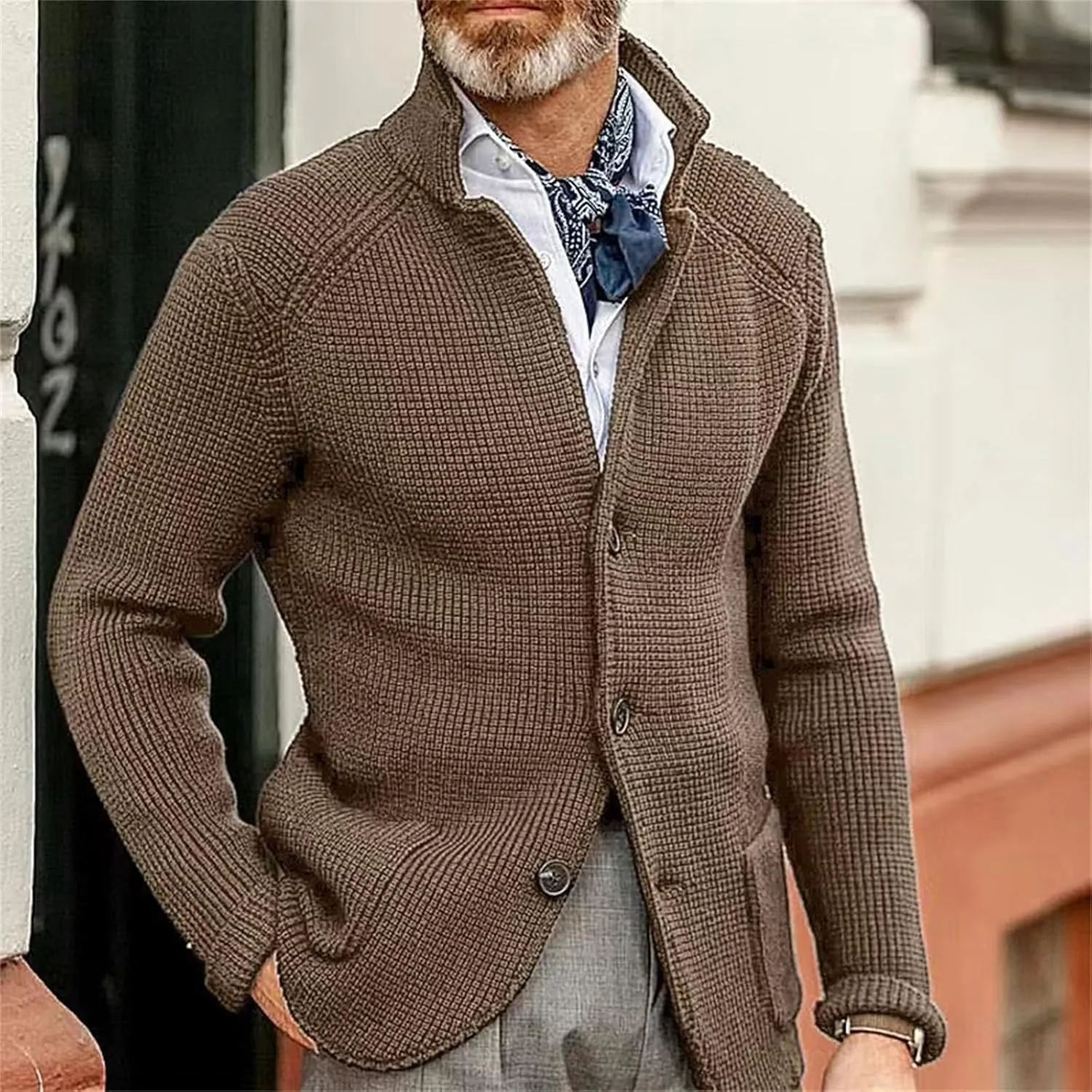 Men's Open Front Stand Collar Sweaters Slim Fit Button Down Cardigan Knitwear with Pockets
