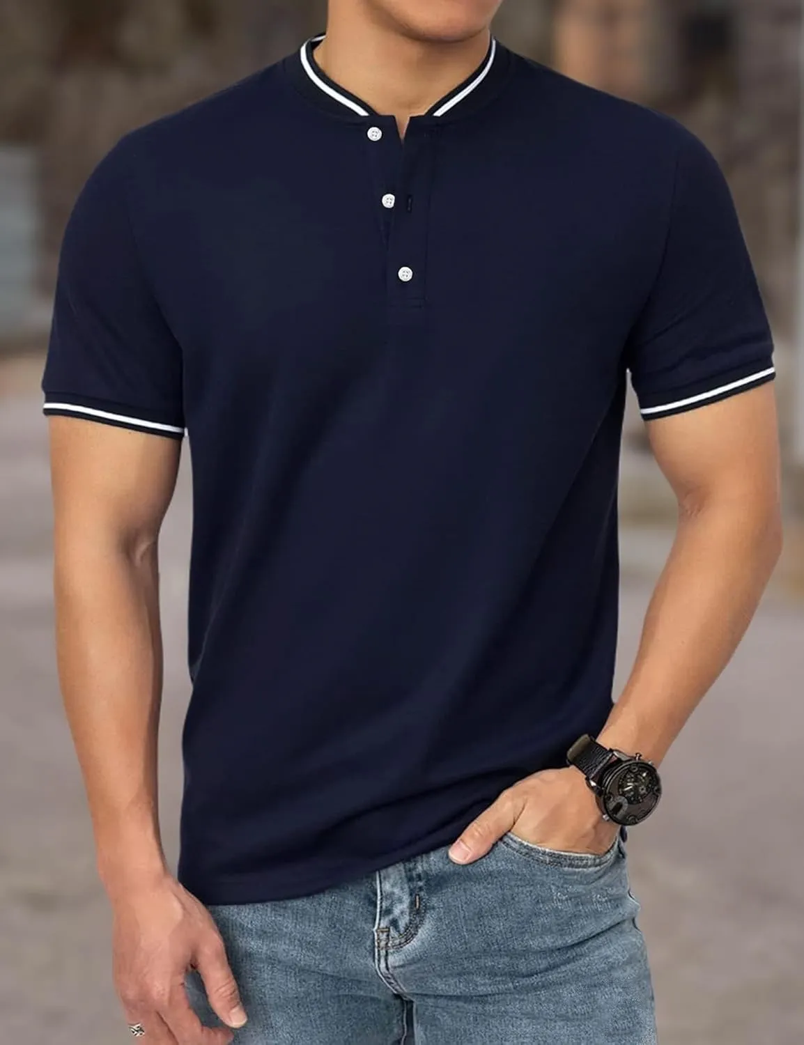 Men's Polo Shirts Casual Short Sleeve Cotton Pique Polo T Shirts Classic Collarless Golf Shirts for Men