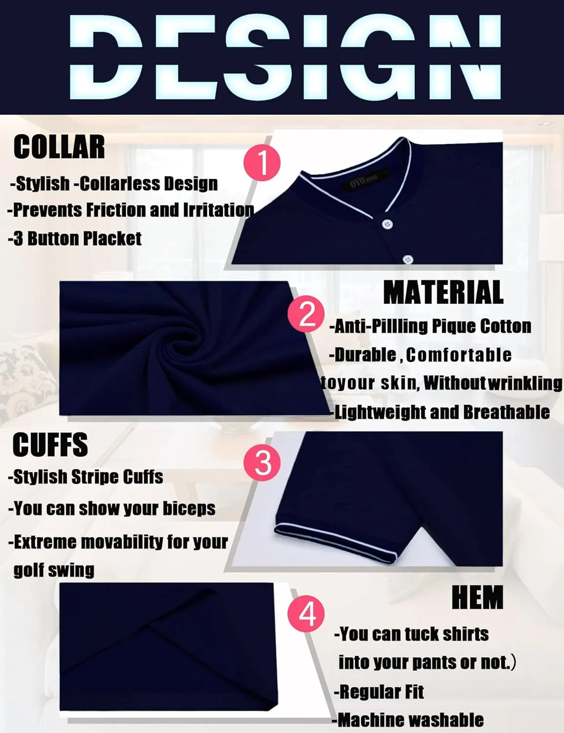 Men's Polo Shirts Casual Short Sleeve Cotton Pique Polo T Shirts Classic Collarless Golf Shirts for Men