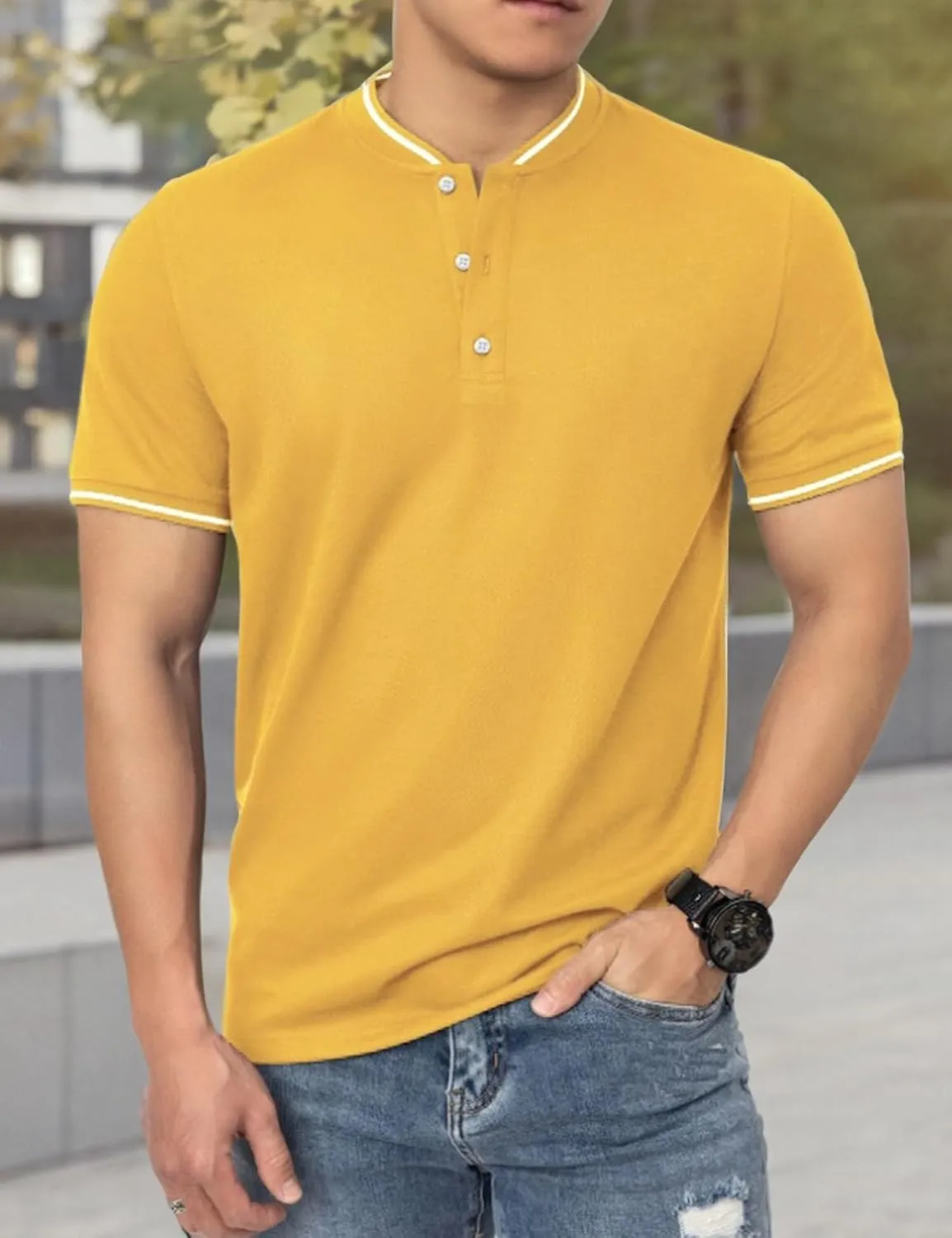 Men's Polo Shirts Casual Short Sleeve Cotton Pique Polo T Shirts Classic Collarless Golf Shirts for Men