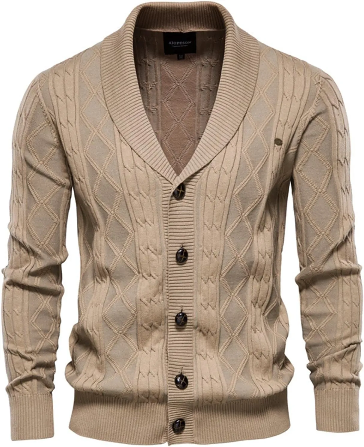 Men's Shawl Collar Sweaters Button Down Cable Knitted Casual Long Sleeve Sweater Cardigan