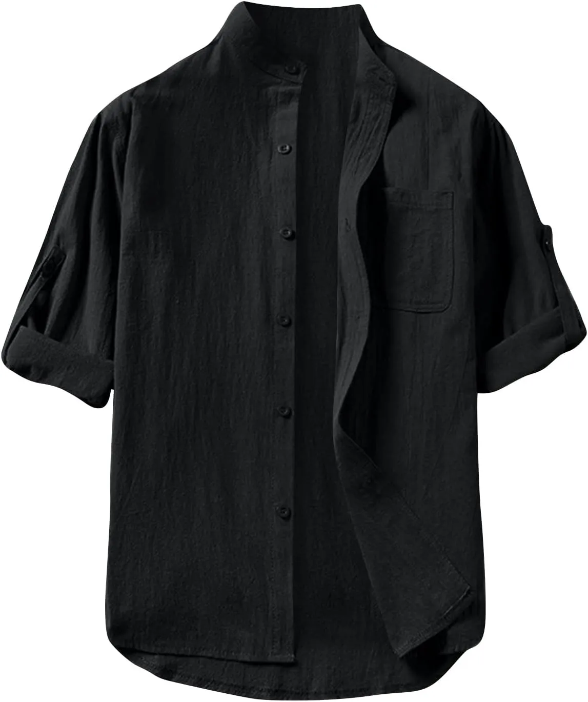 Mens Shirts,3/4 Sleeve Cotton Linen Shirts Japanese Style Casual Stand Collar Button Down T Shirts Pocket Tops