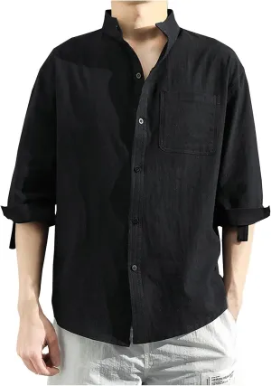 Mens Shirts,3/4 Sleeve Cotton Linen Shirts Japanese Style Casual Stand Collar Button Down T Shirts Pocket Tops