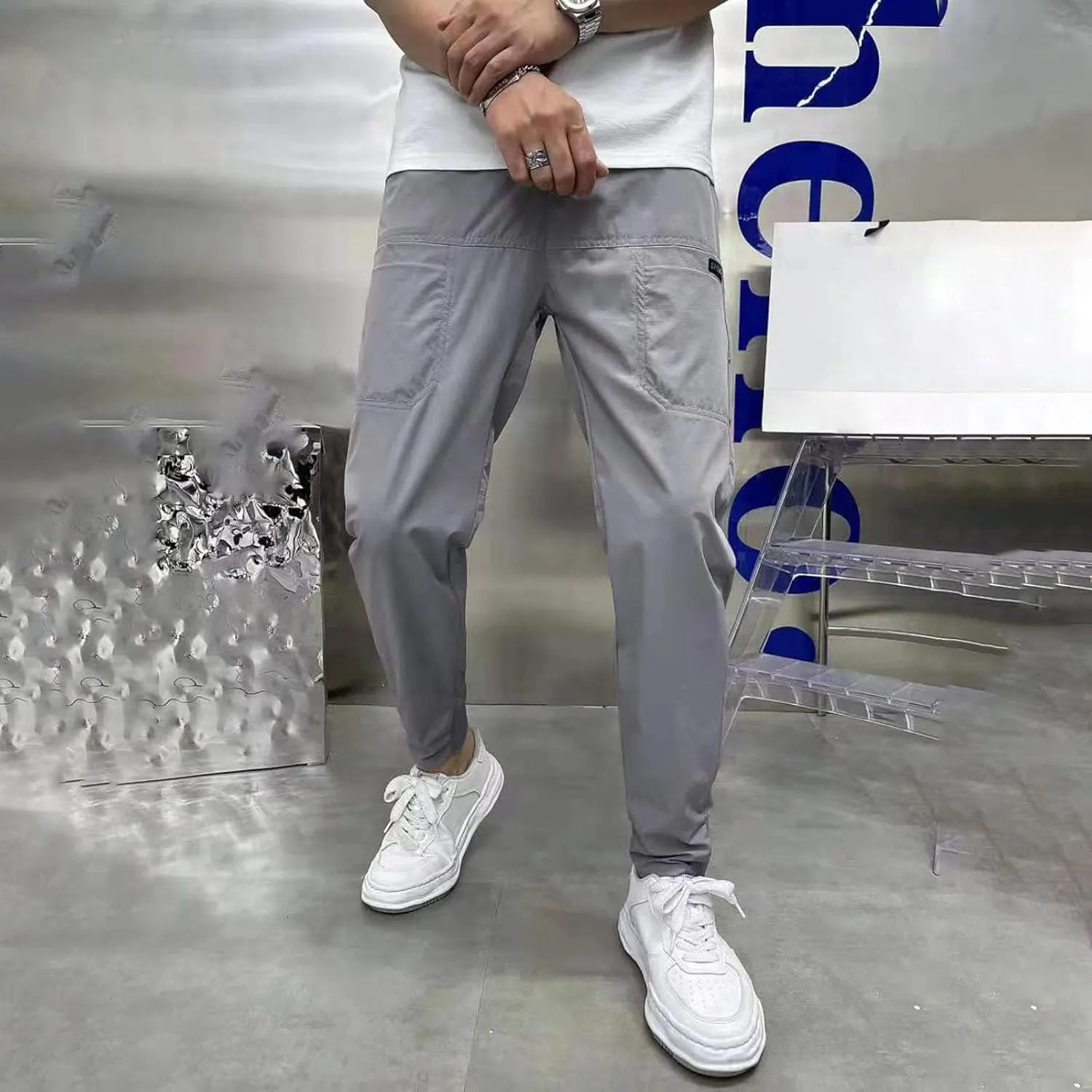 Men's Stretch Multi-Pocket Skinny Cargo Pants, Outdoor Casual Drawstring Joggers Pants Cargo Pants Work Pants for