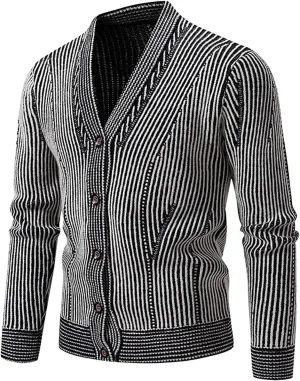 Mens Sweater Cardigan V Neck Striped Button Down Knitted Sweater Casual Long Sleeve Open Front Sweater Light Jacket