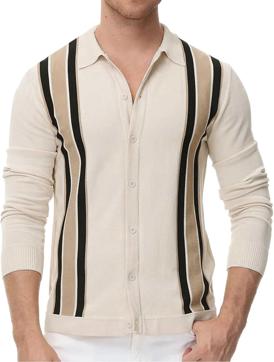 Mens Sweater Men's Stripped Button Down Sweaters Label Collar V-Neck Knitted Cardigans Coat Top