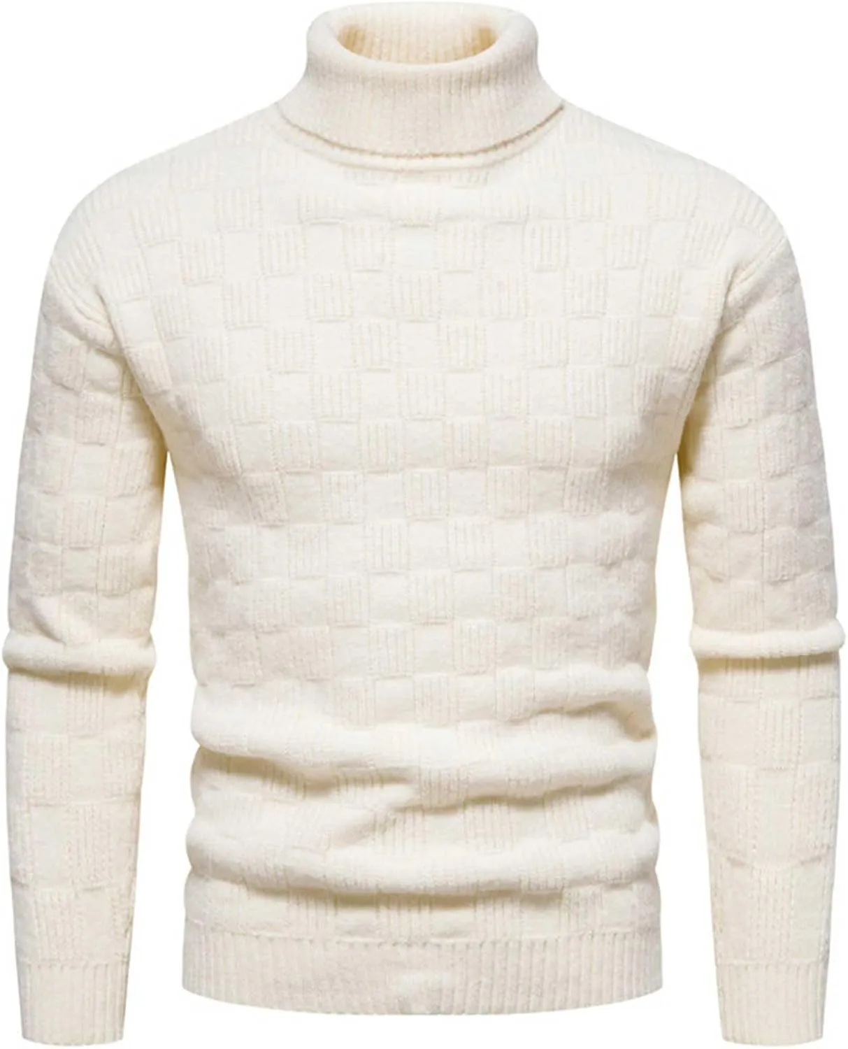 Mens SweatersMen's Solid Plaid Long Sleeve Slim Fit Turtleneck Sweater Casual Knitted Twisted Pullover Sweaters