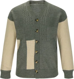 Men's V Neck Cardigan Sweater Color Matching Button Down Knitted Sweaters with Pockets Vintage Cardigan Sweater