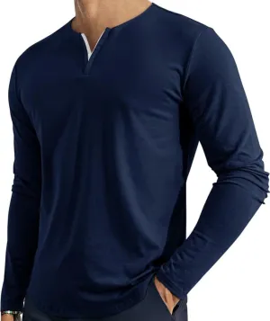 Men's V Neck Long Sleeve Shirts Casual Henley Cotton T-Shirts Slim Fit Longline Tee Shirts