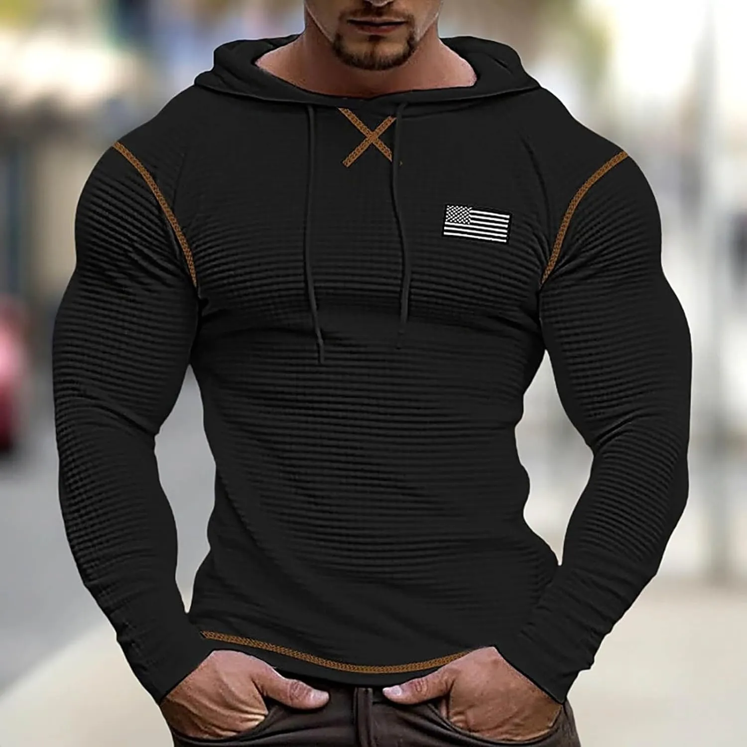 Men'S V Neck Long Sleeved Hooded Sweater Retro Solid Color Casual Fashion Oversized Hooded Sweatshirt