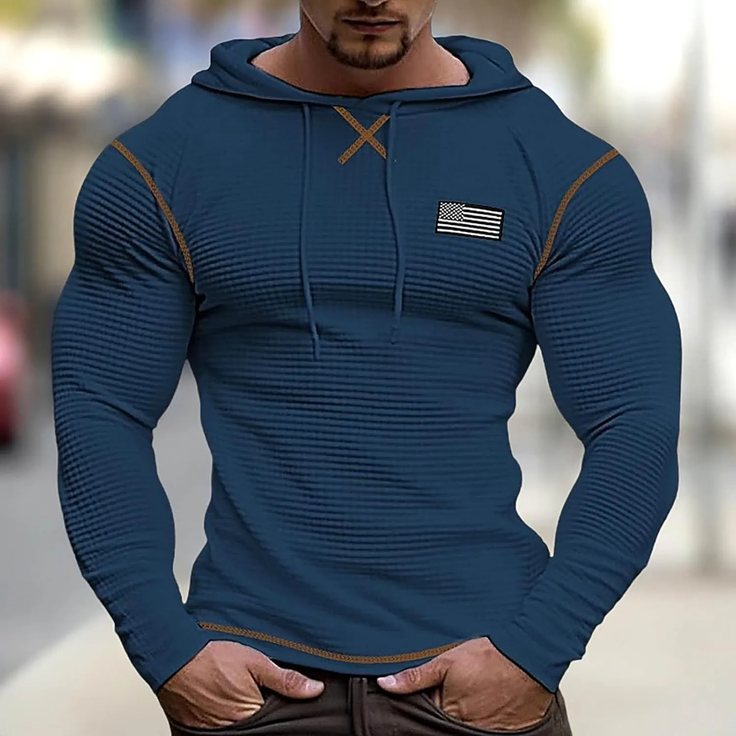 Men'S V Neck Long Sleeved Hooded Sweater Retro Solid Color Casual Fashion Oversized Hooded Sweatshirt