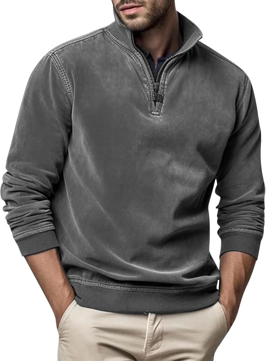Men's Zip Collar Sweater Activewear Solid Vintage Jackets Long Sleeve Comfort Warm Sweatshirts with Elbow Patches