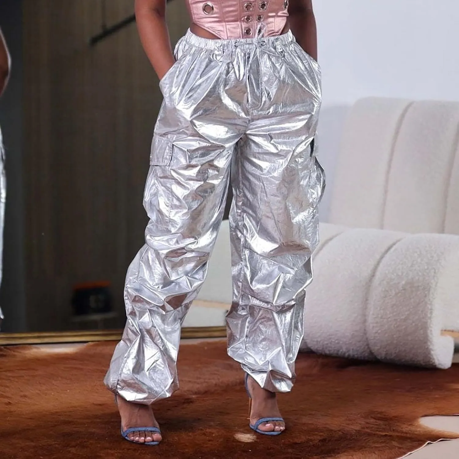 Metallic Shiny Parachute Pants for Women Drawstring Baggy Cargo Pants Jogger Straight Leg Parachute Pants Y2k Pants
