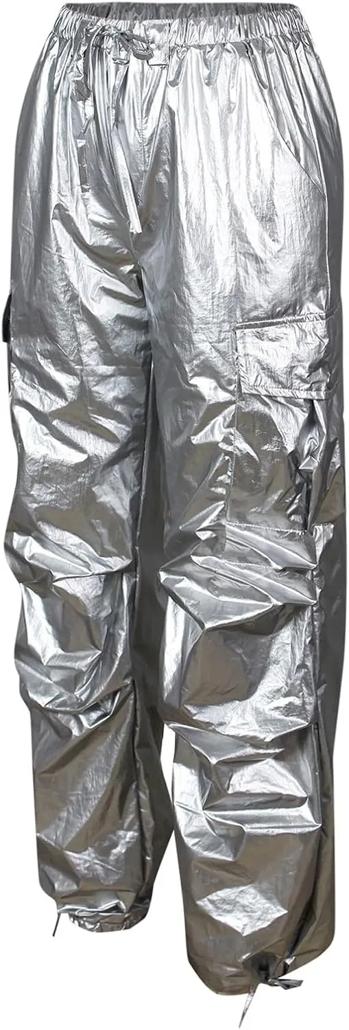 Metallic Shiny Parachute Pants for Women Drawstring Baggy Cargo Pants Jogger Straight Leg Parachute Pants Y2k Pants
