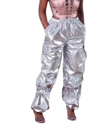 Metallic Shiny Parachute Pants for Women Drawstring Baggy Cargo Pants Jogger Straight Leg Parachute Pants Y2k Pants