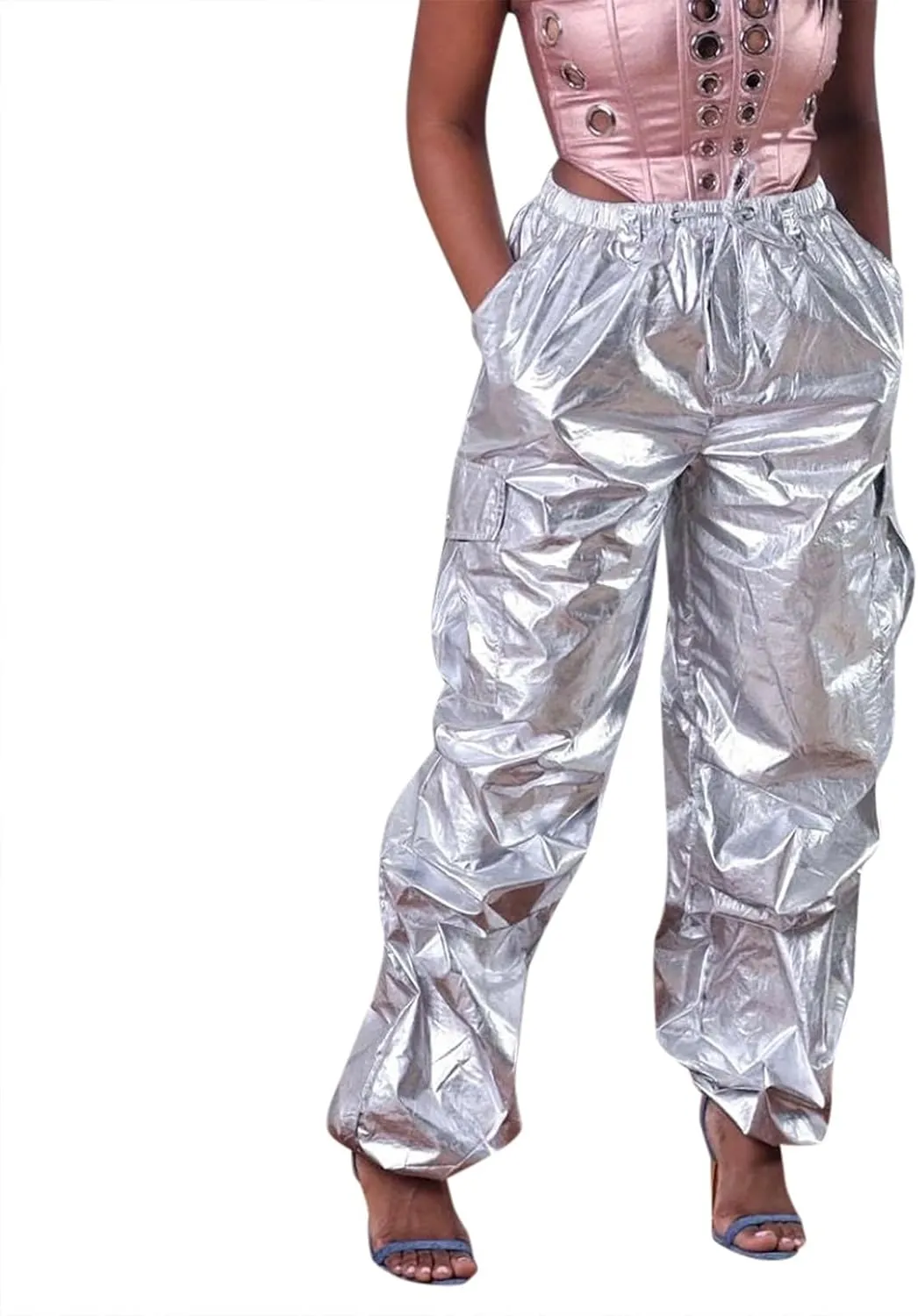 Metallic Shiny Parachute Pants for Women Drawstring Baggy Cargo Pants Jogger Straight Leg Parachute Pants Y2k Pants