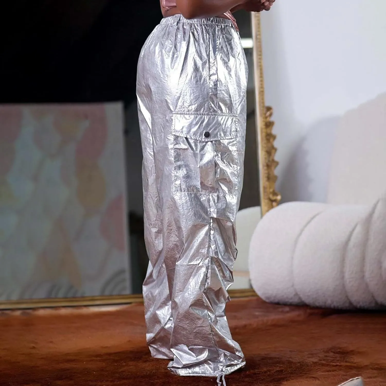 Metallic Shiny Parachute Pants for Women Drawstring Baggy Cargo Pants Jogger Straight Leg Parachute Pants Y2k Pants