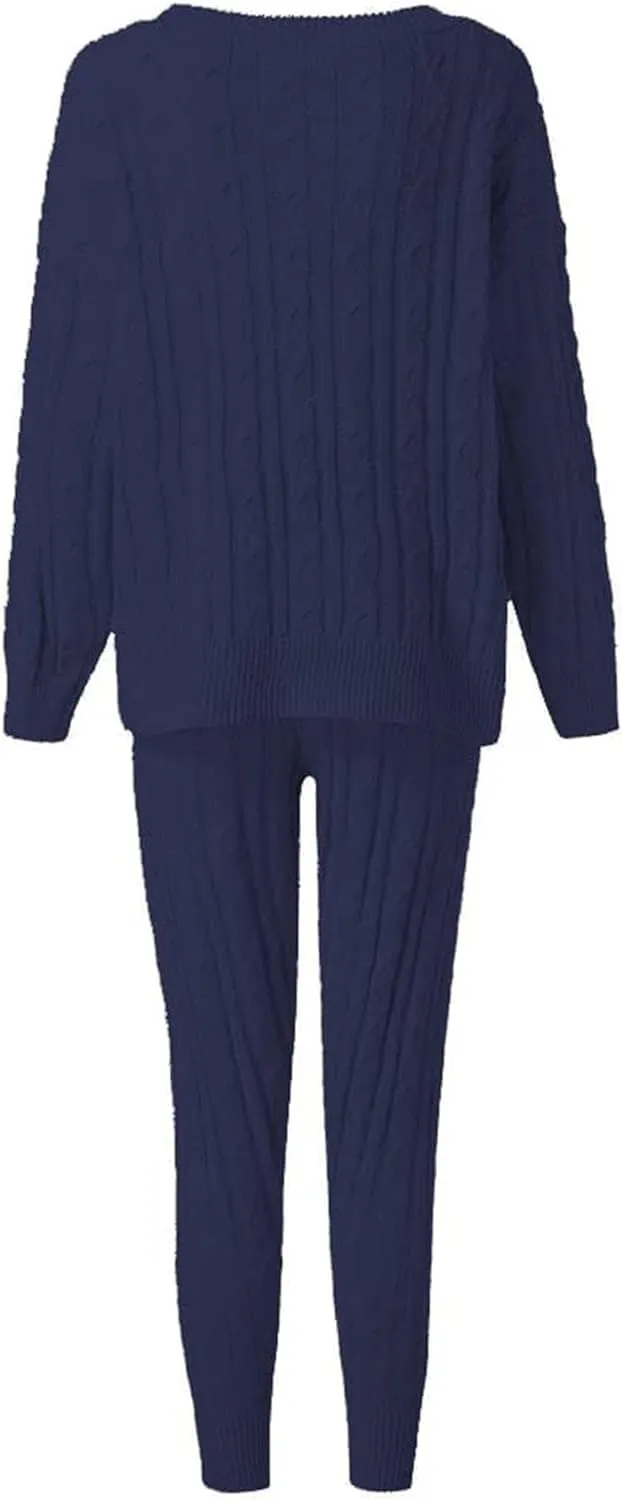Molisry Women Cable Knitted 2 Pieces Outfits Long Sleeve Sweater Pullover Top Long Pants Lounge Sets Autumn Winter