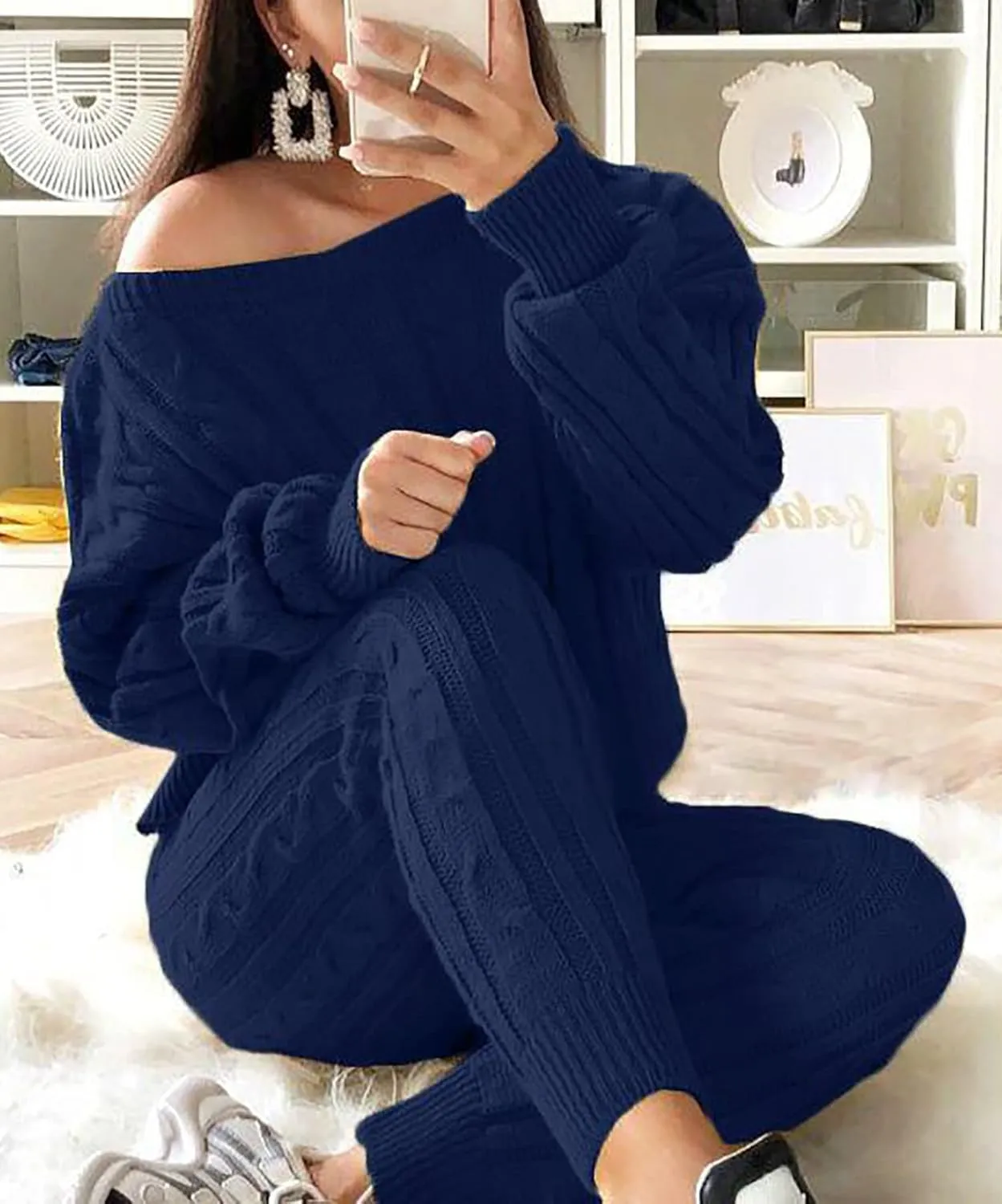 Molisry Women Cable Knitted 2 Pieces Outfits Long Sleeve Sweater Pullover Top Long Pants Lounge Sets Autumn Winter