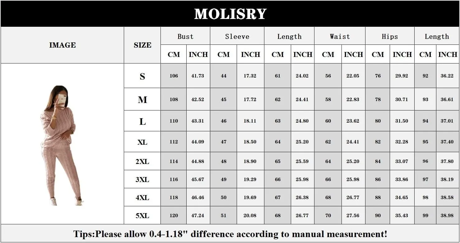 Molisry Women Cable Knitted 2 Pieces Outfits Long Sleeve Sweater Pullover Top Long Pants Lounge Sets Autumn Winter