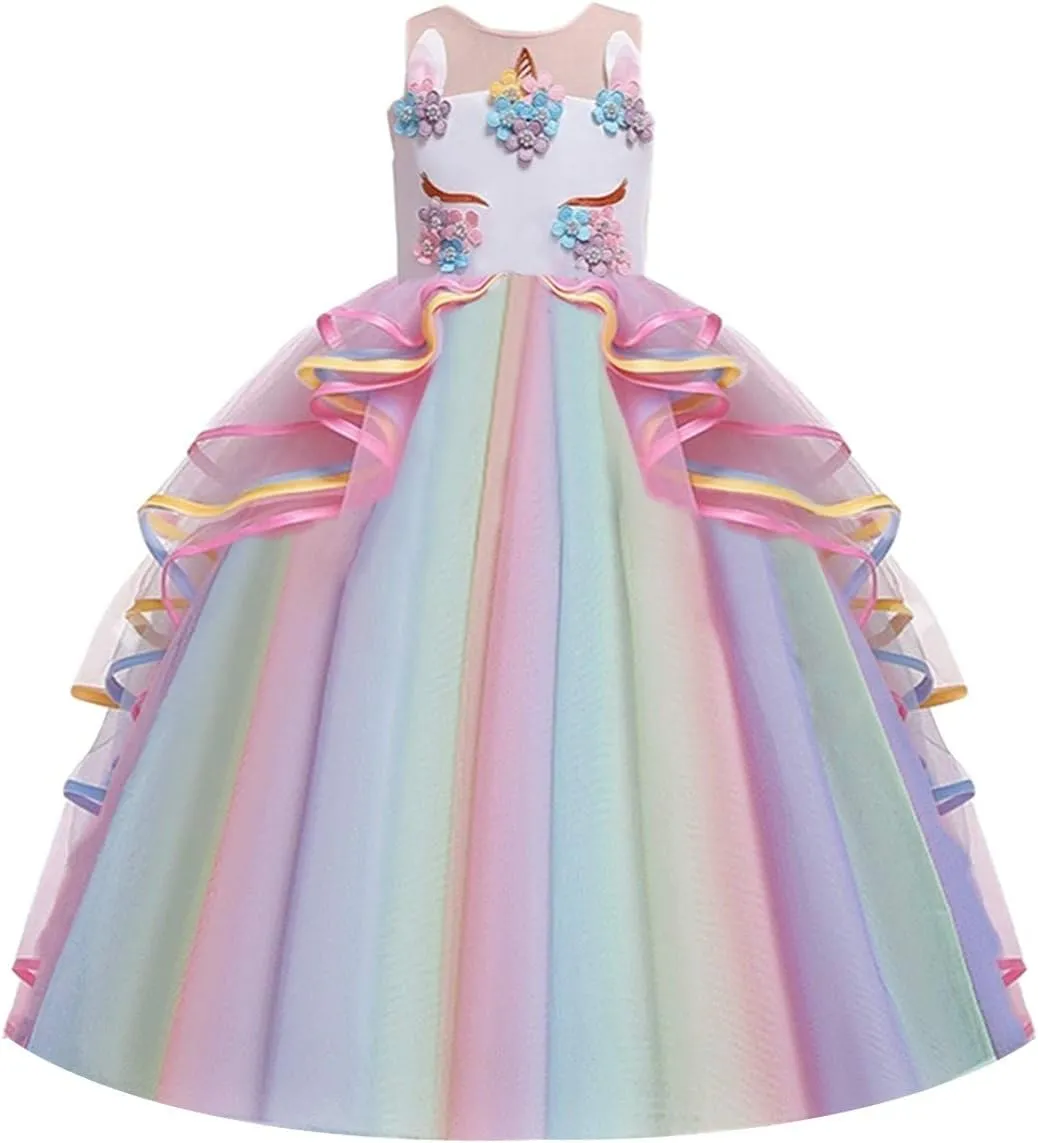 MYRISAM Girl's Unicorn Rainbow Long Tulle Dress Wedding Birthday Princess Carnival Party Performance Dance Pageant Ball Gowns