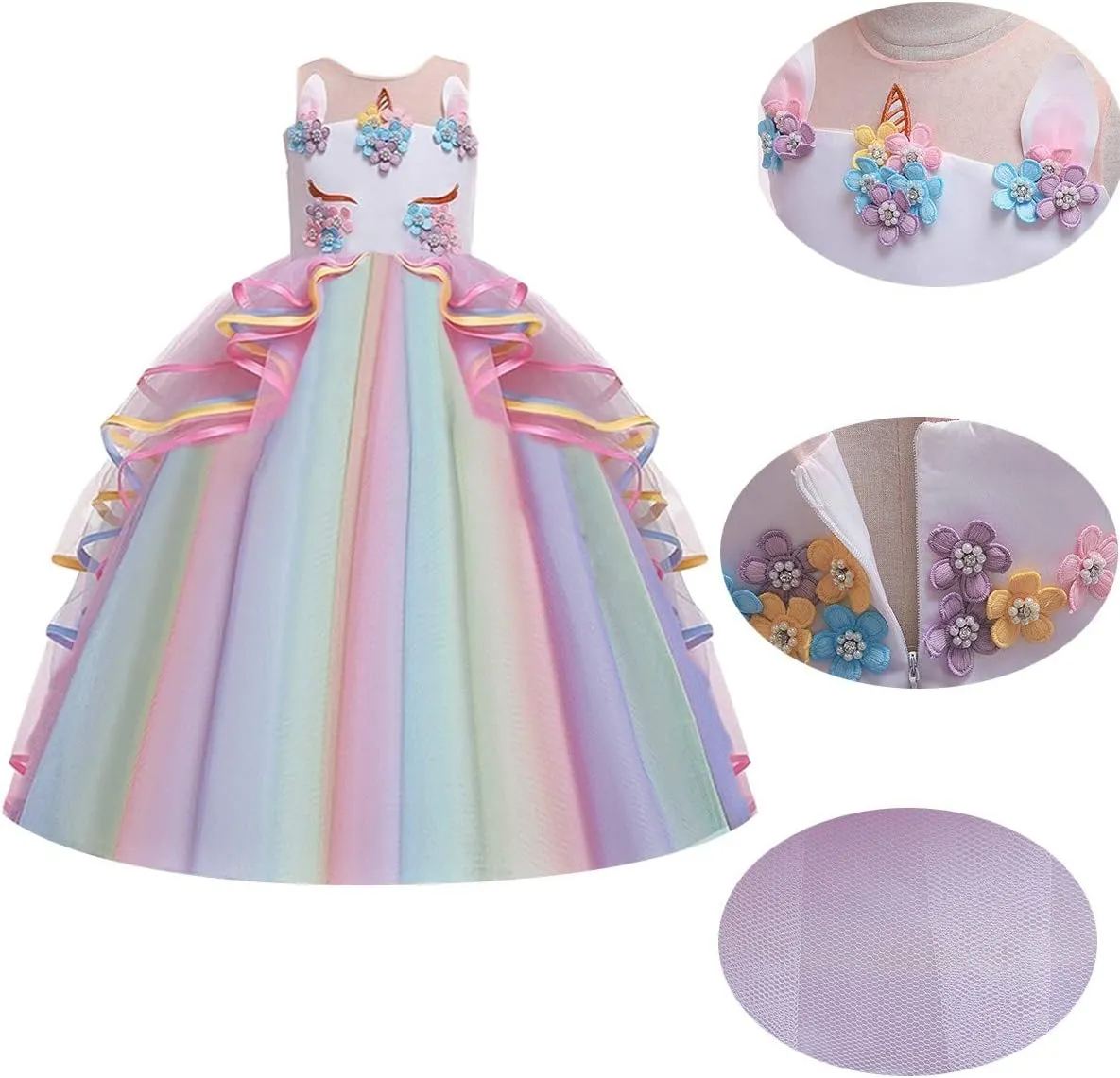 MYRISAM Girl's Unicorn Rainbow Long Tulle Dress Wedding Birthday Princess Carnival Party Performance Dance Pageant Ball Gowns