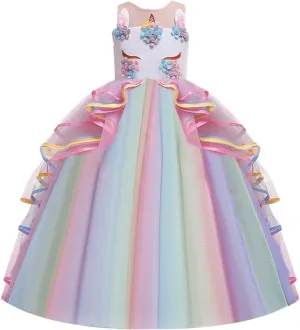 MYRISAM Girl's Unicorn Rainbow Long Tulle Dress Wedding Birthday Princess Carnival Party Performance Dance Pageant Ball Gowns