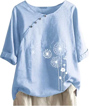 Mzkdieey Summer Women Cotton Linen Tshirt Tops Casual Dandelion Loose Fit Tunic Tees Short Sleeve Plus Size Button Blouses