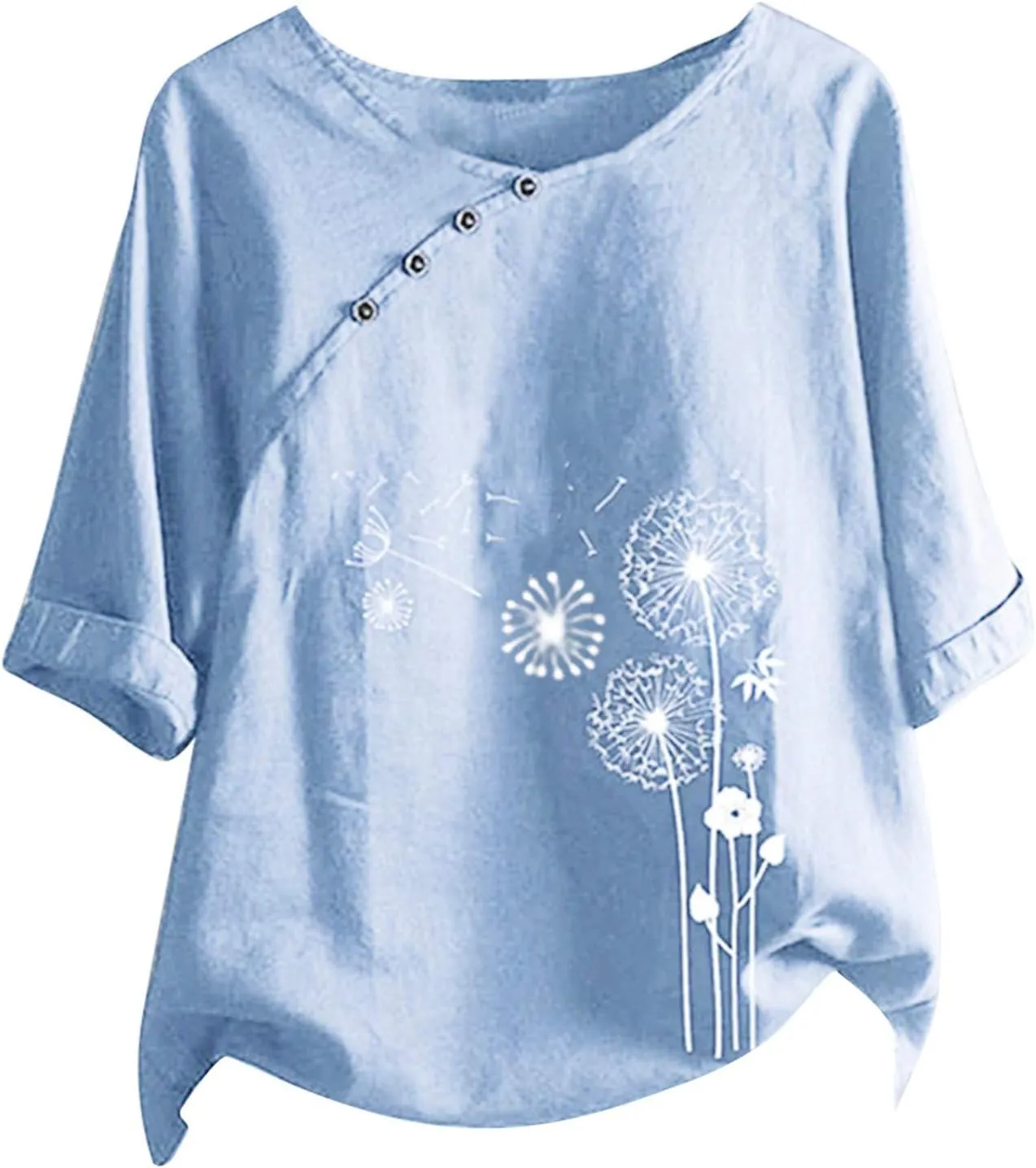 Mzkdieey Summer Women Cotton Linen Tshirt Tops Casual Dandelion Loose Fit Tunic Tees Short Sleeve Plus Size Button Blouses