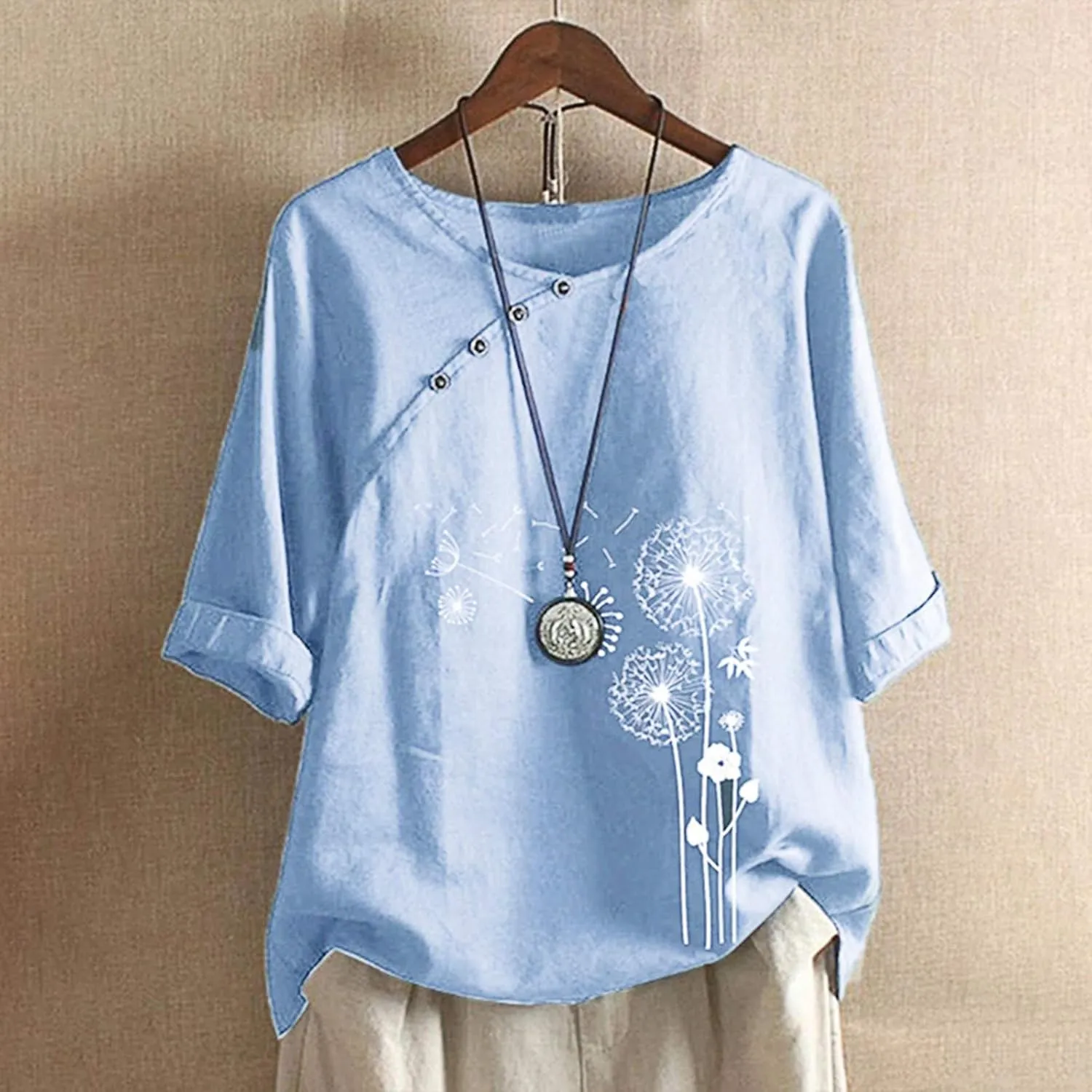 Mzkdieey Summer Women Cotton Linen Tshirt Tops Casual Dandelion Loose Fit Tunic Tees Short Sleeve Plus Size Button Blouses