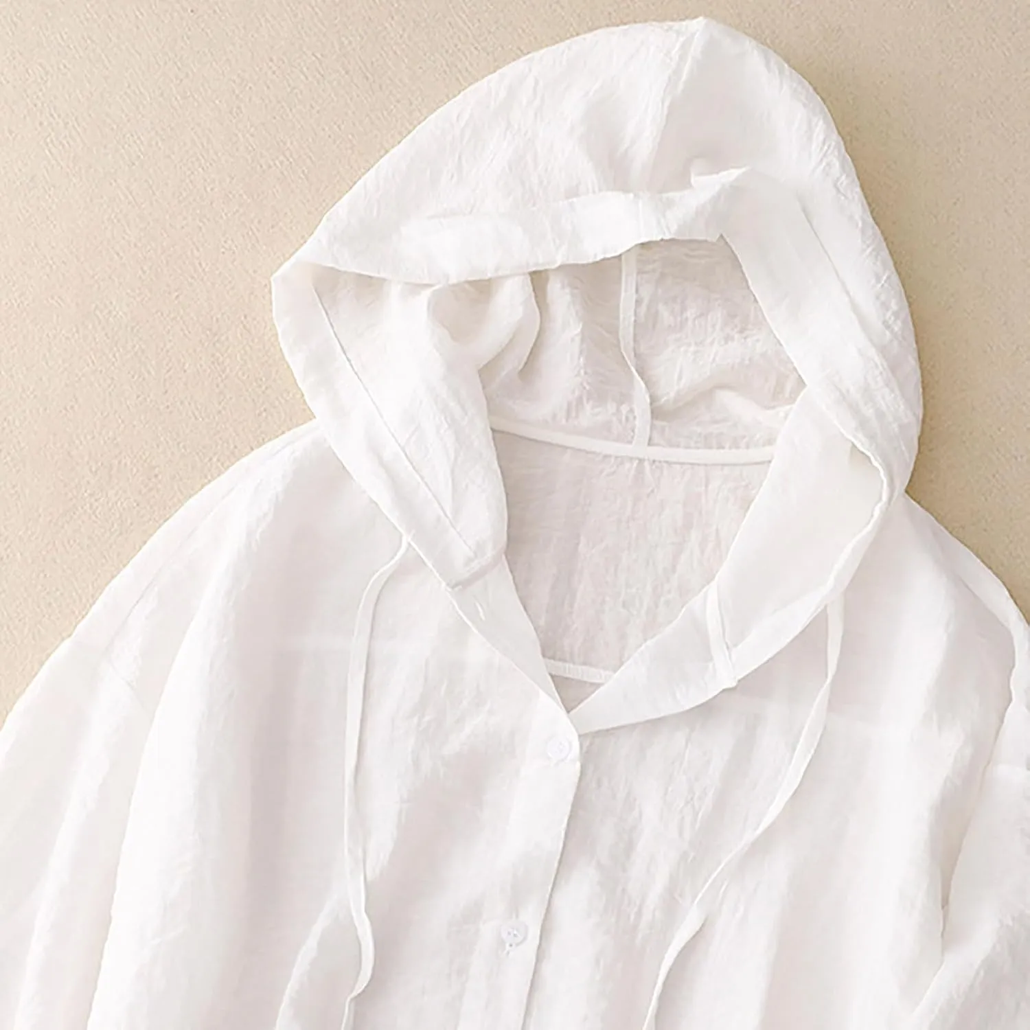 Mzkdieey Women's Cotton Linen Sun Protection Hoodie Jacket Drawstring Long Sleeve Button Down T-Shirts Oversized Cover Ups