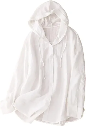 Mzkdieey Women's Cotton Linen Sun Protection Hoodie Jacket Drawstring Long Sleeve Button Down T-Shirts Oversized Cover Ups