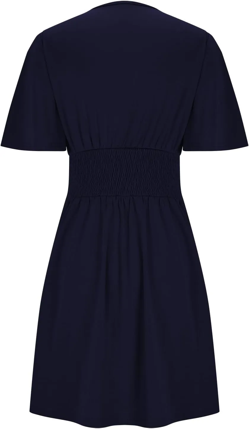 NaRHbrg Women's Deep V Neck Dress Short Sleeve Flowy A-Line Summer Mini Dresses Elegant Wrap Sundress for Casual Party