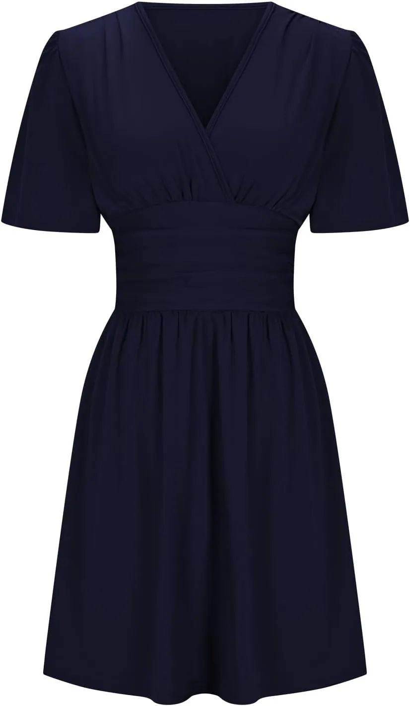 NaRHbrg Women's Deep V Neck Dress Short Sleeve Flowy A-Line Summer Mini Dresses Elegant Wrap Sundress for Casual Party