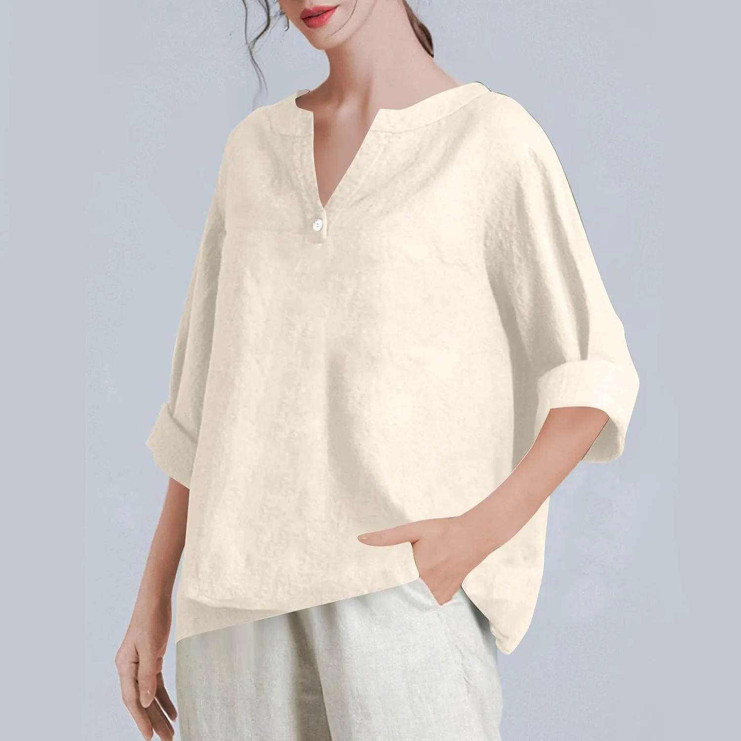 NBXNZWF Womens Cotton Linen Shirts 3/4 Sleeve Summer Loose Casual Tunic Button Down Office Work Lightweight Gauze Blouses