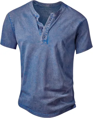 NITAGUT Mens Distressed Henley Shirts Retro Short Sleeve Cotton Tee Shirts Casual Button Down Washed T-Shirts
