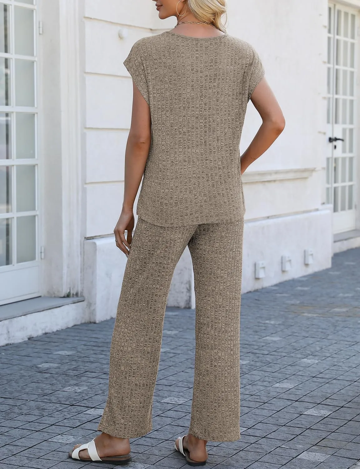 NORACORA 2 Piece Lounge Sets for Women Sweater Knit Cap Sleeve Tops Wide Leg Pants Set Casual Loungewear Matching Outfits