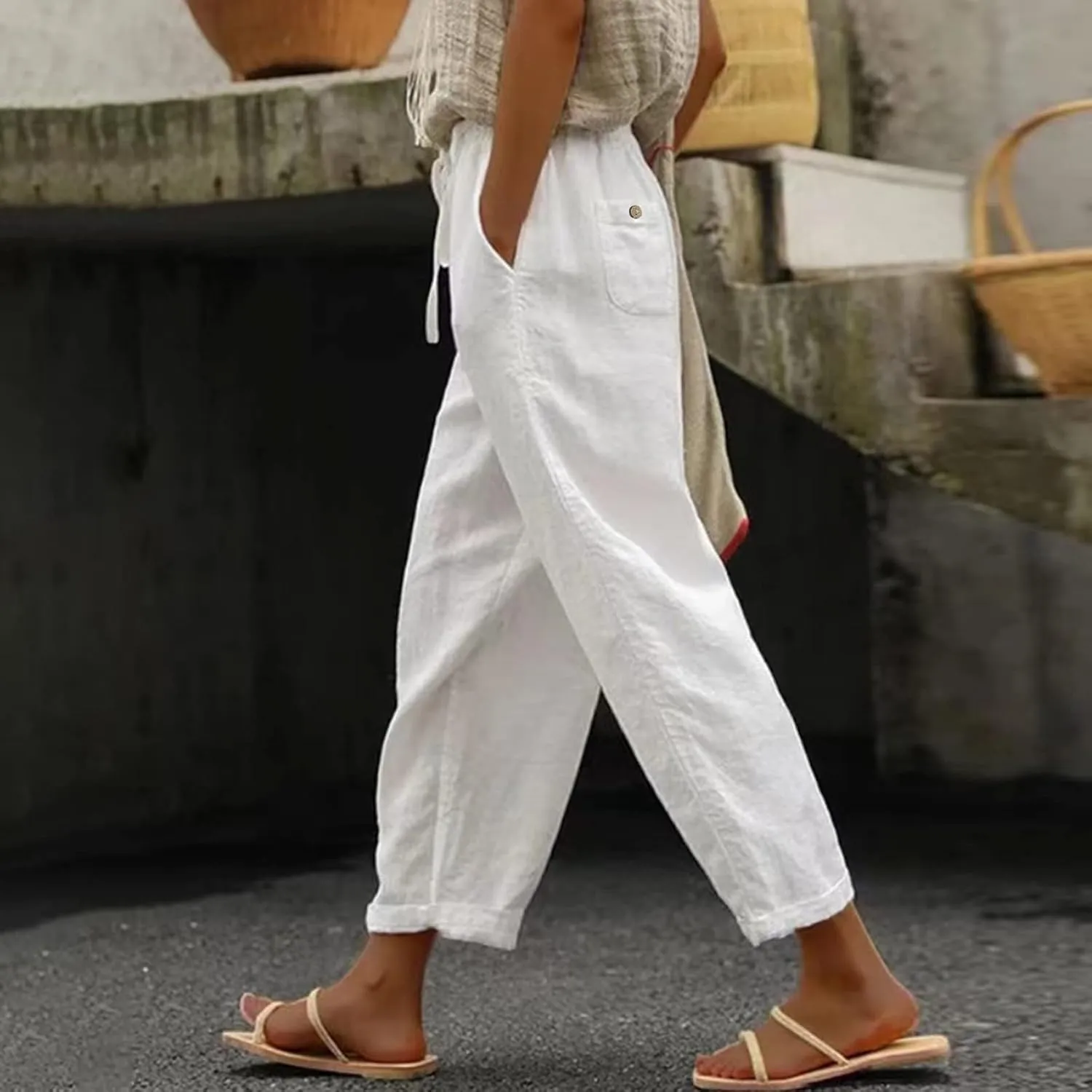 Ollysqiar Flowy Pants for Women,Linen Pants Elastic Waist Relaxed Fit Straight Leg Crop Pants Beach Trousers with Pockets