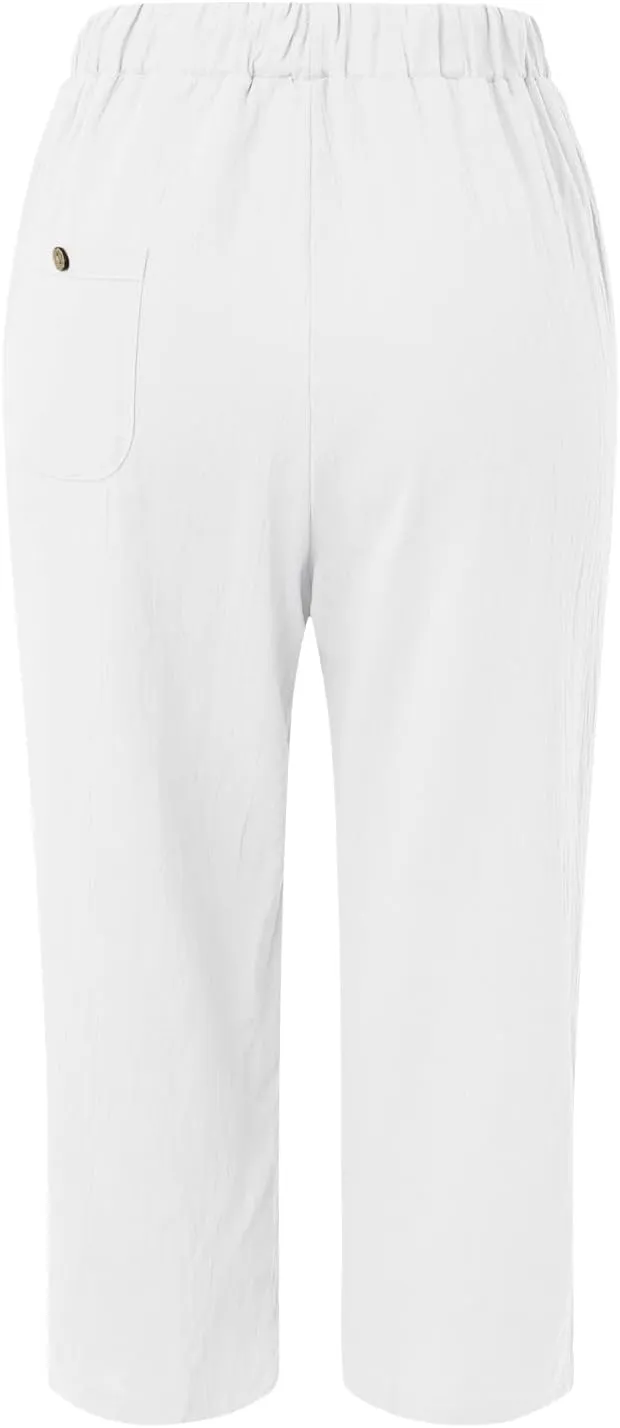 Ollysqiar Flowy Pants for Women,Linen Pants Elastic Waist Relaxed Fit Straight Leg Crop Pants Beach Trousers with Pockets