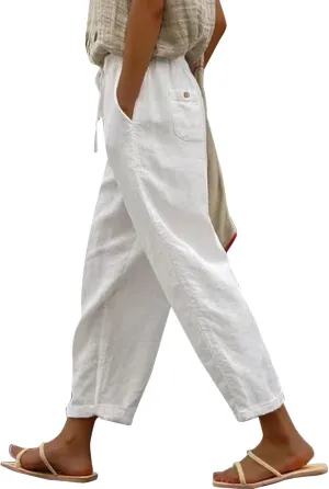 Ollysqiar Flowy Pants for Women,Linen Pants Elastic Waist Relaxed Fit Straight Leg Crop Pants Beach Trousers with Pockets