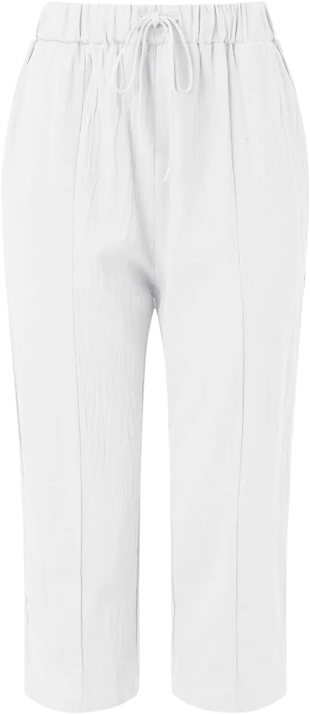 Ollysqiar Flowy Pants for Women,Linen Pants Elastic Waist Relaxed Fit Straight Leg Crop Pants Beach Trousers with Pockets