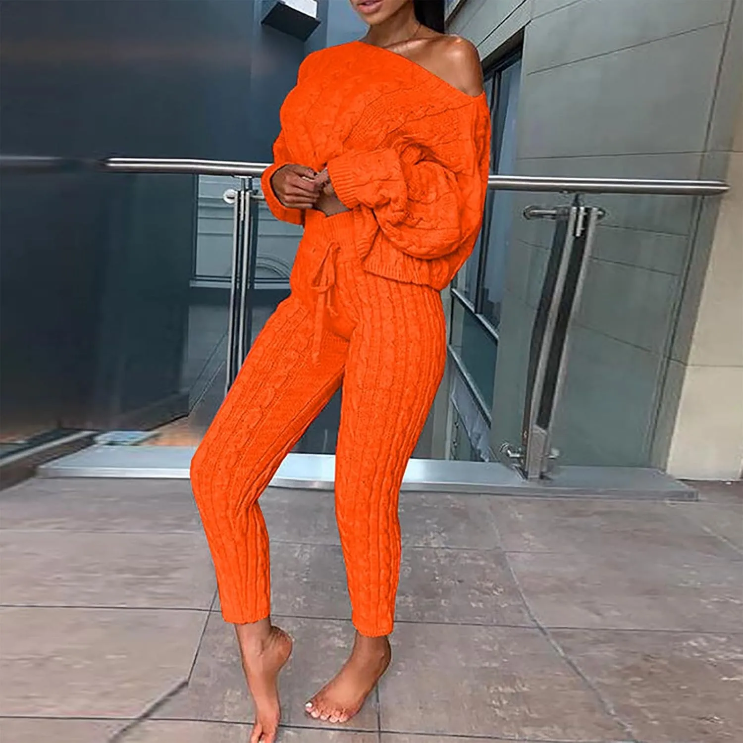 Oplxuo Off Shoulder Sweater Sets for Women Two Piece Outfits Cable Knit Pullover Tops and Bodycon Pants Lounge Matching Set